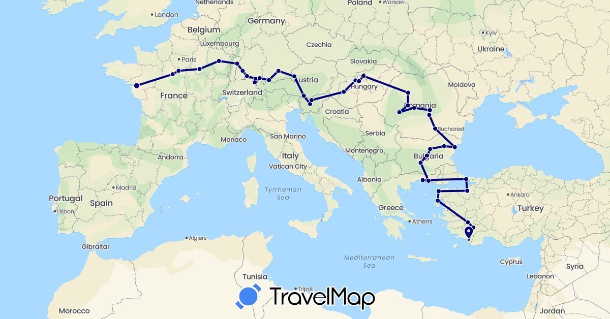 TravelMap itinerary: driving in Austria, Bulgaria, Switzerland, Germany, France, Greece, Hungary, Romania, Slovenia, Turkey (Asia, Europe)